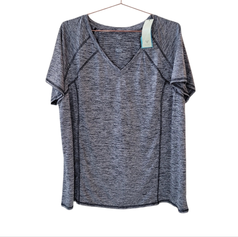 LIVI Active Black Grey Short Sleeve V-Neck Active Top Size 22/24
